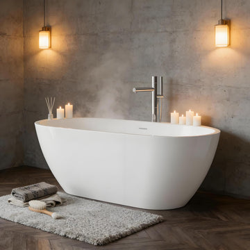 Freestanding Bathtub 59 Inch, Oval Acrylic Stand Alone Tub with Chrome Drain, Modern White Soaking Tub for Bathroom
