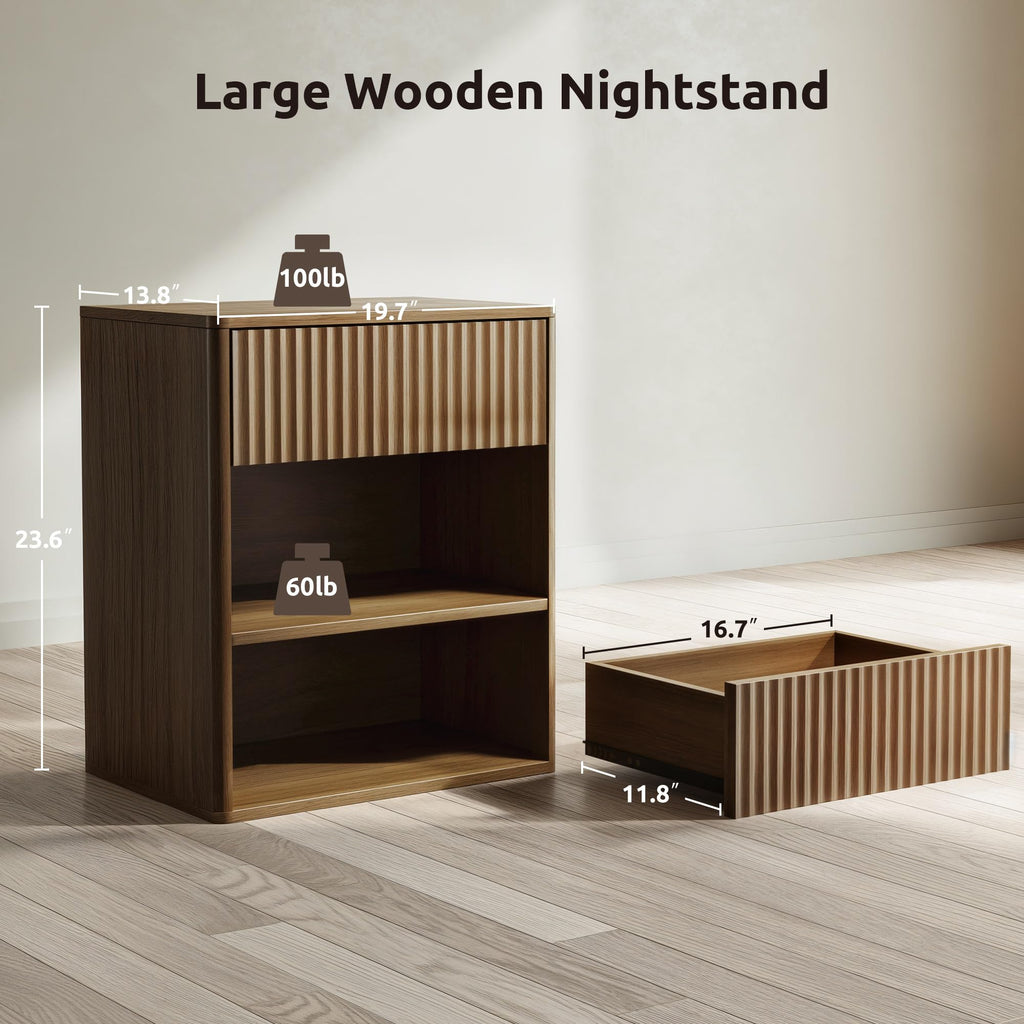 Nightstand Bedside Table Storage Drawer - Large Mid Century Modern Night Stand with Fluted Wood Storage Drawer and