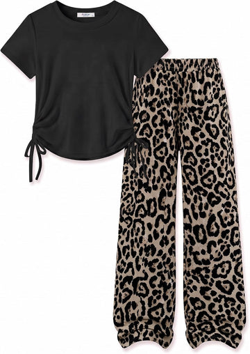 Girls 2 Piece Outfit Ruched Drawstring Tops and Wide Leg Pants Set