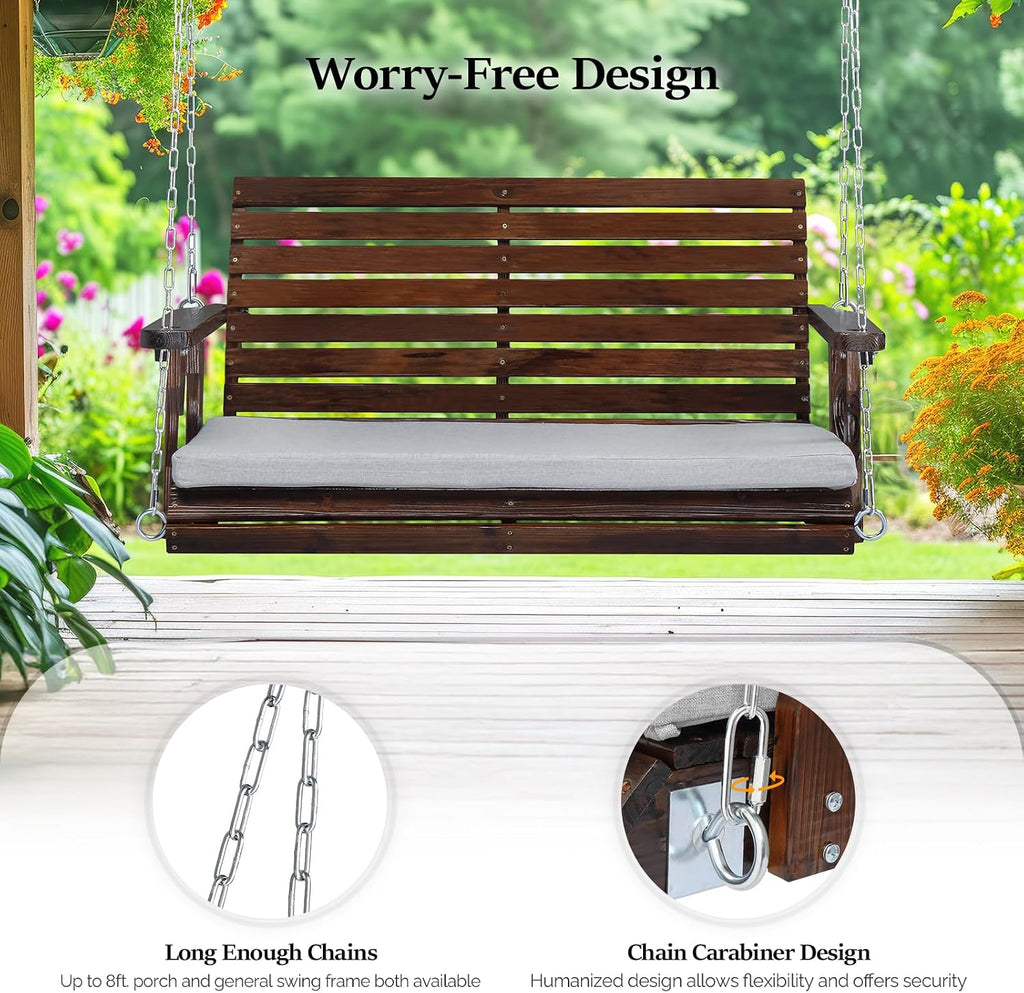 4 FT Heavy Duty Porch Swing with Cushion, 880 LBS Wooden, Rustic | Extra Cushion Included; Heavy-Duty Wood Frame;