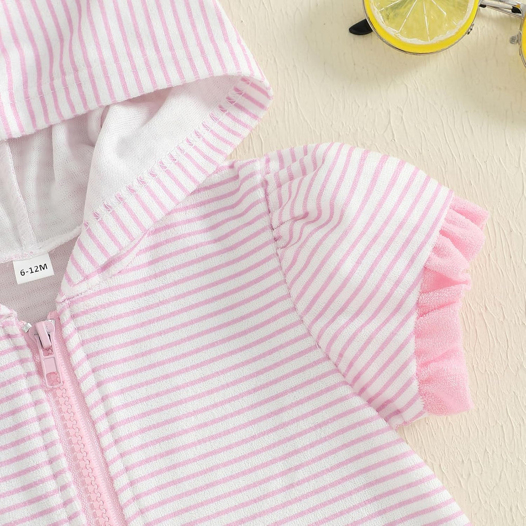 Girls Striped Swim Cover Up Beachwear Short Sleeve Zip Up Hooded Terry Swim Coverups One Piece Swimsuits Swimwear