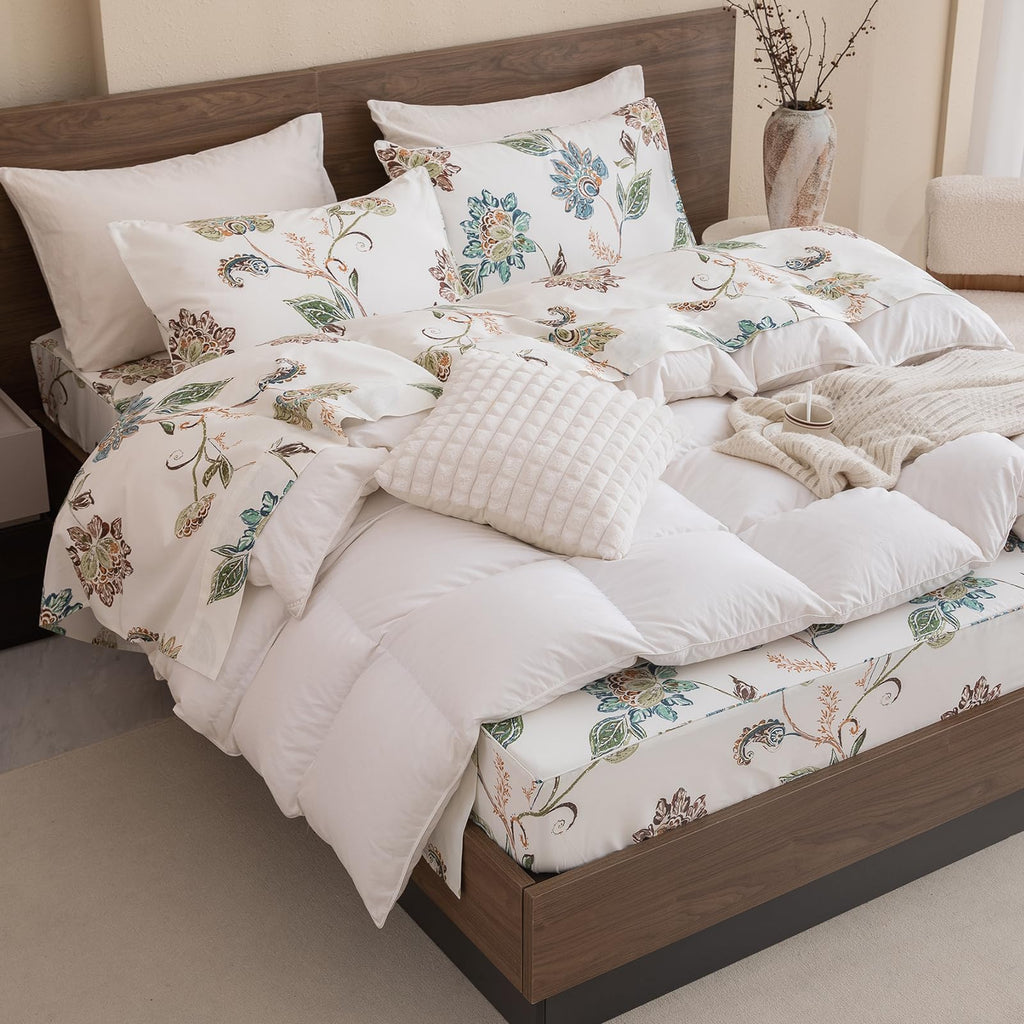 Floral Bed Sheets Queen Size - 100% Egyptian Cotton Sheets Elegant Botanical Leaves Flower Pattern Printed Bedding
