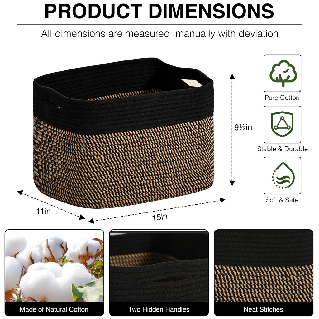 Woven Cotton Rope Baskets for Gifts Empty, 15×11×9.5 Jute & Black