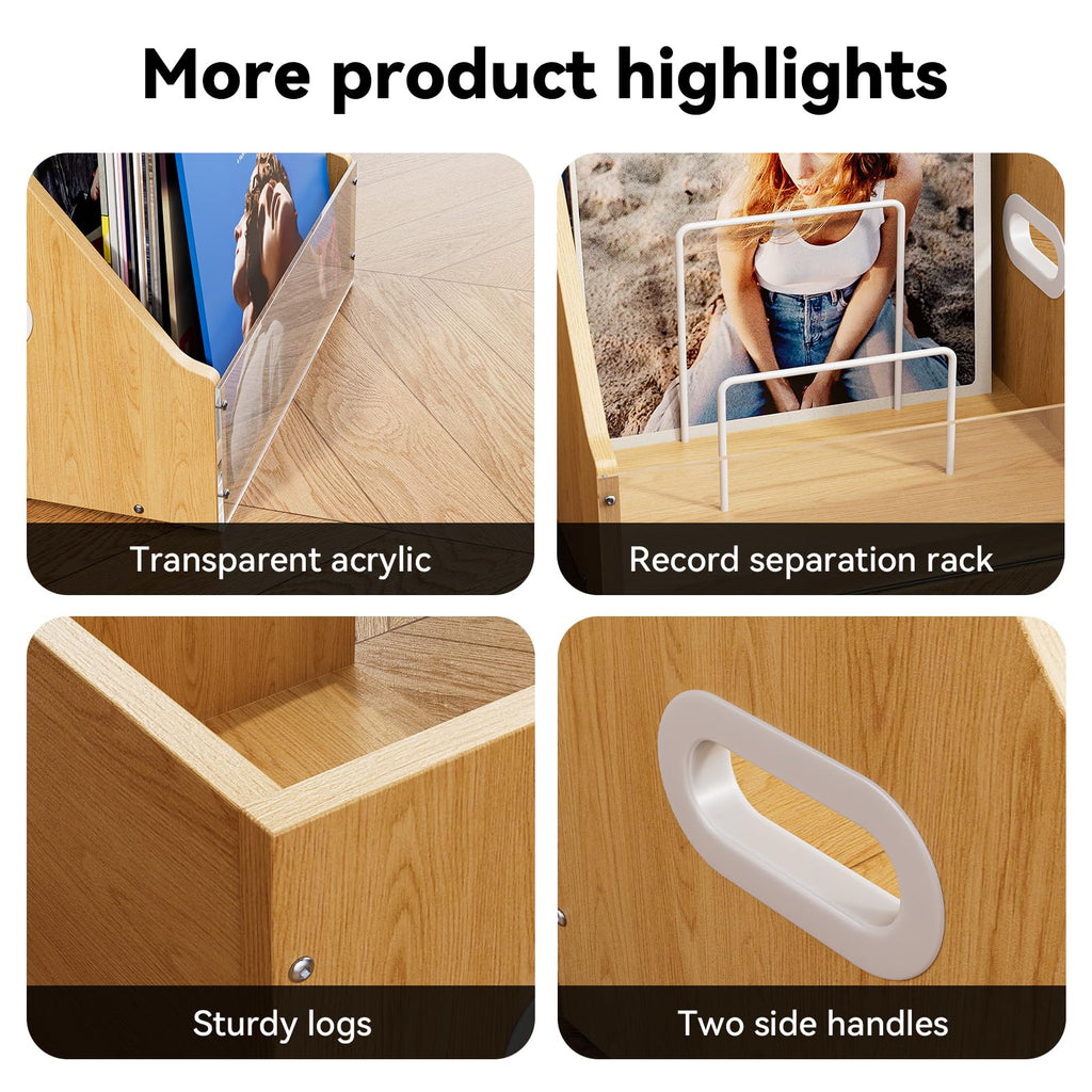 Vinyl Record Storage with Separators, Visible Acrylic & Wooden Crate for Records Holder Storage Box for Vinyl & Album