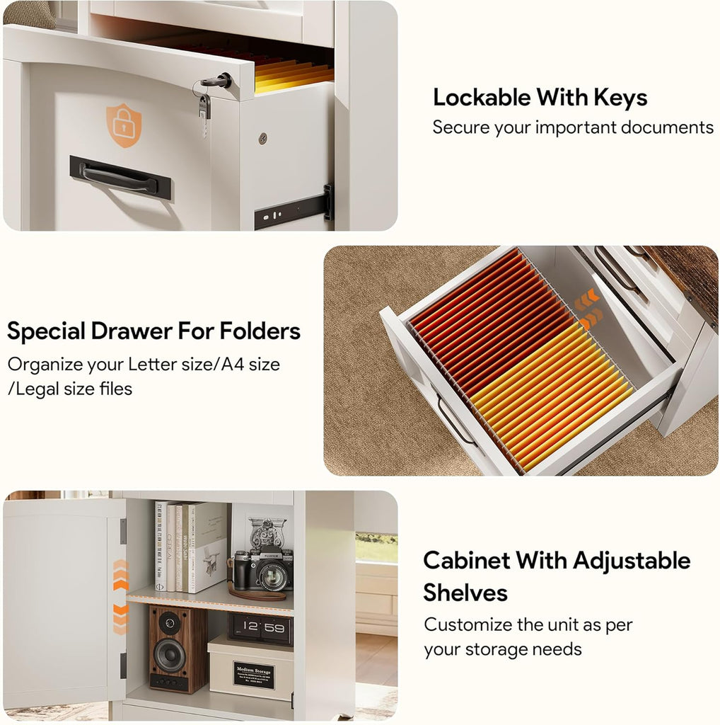 67" Farmhouse L Shaped Standing Desk with Drawers Home Office Executive Desks with Fast Charging Station, Lockable