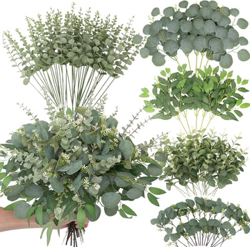 Artificial Mixed Eucalyptus Stems Bulk,5 Kinds Faux Greenery Silver Dollar Eucalyptus Leaves Picks for DIY - Set of 120