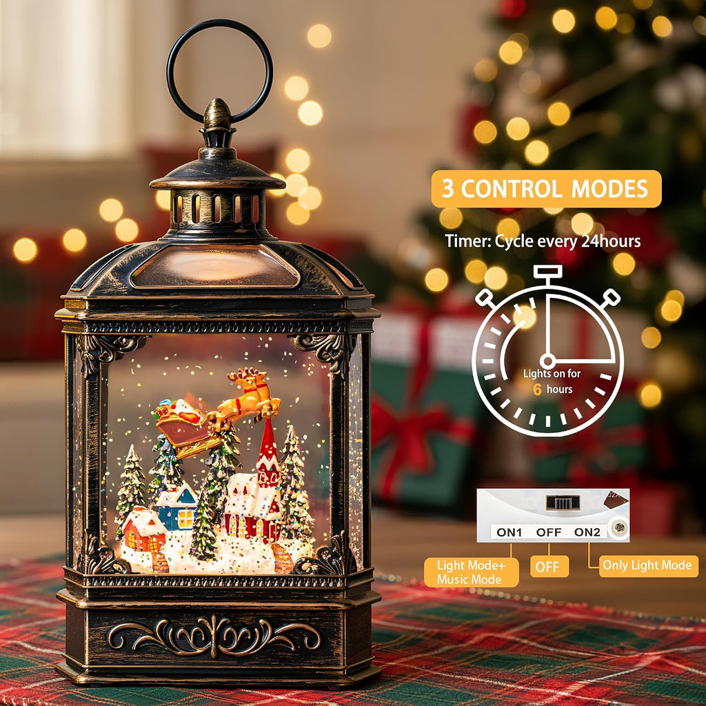 Christmas Snow Globe Swirling Glittering Lantern Santa Flying with Reindeer, USB Lined/Battery Operated Lighted Water