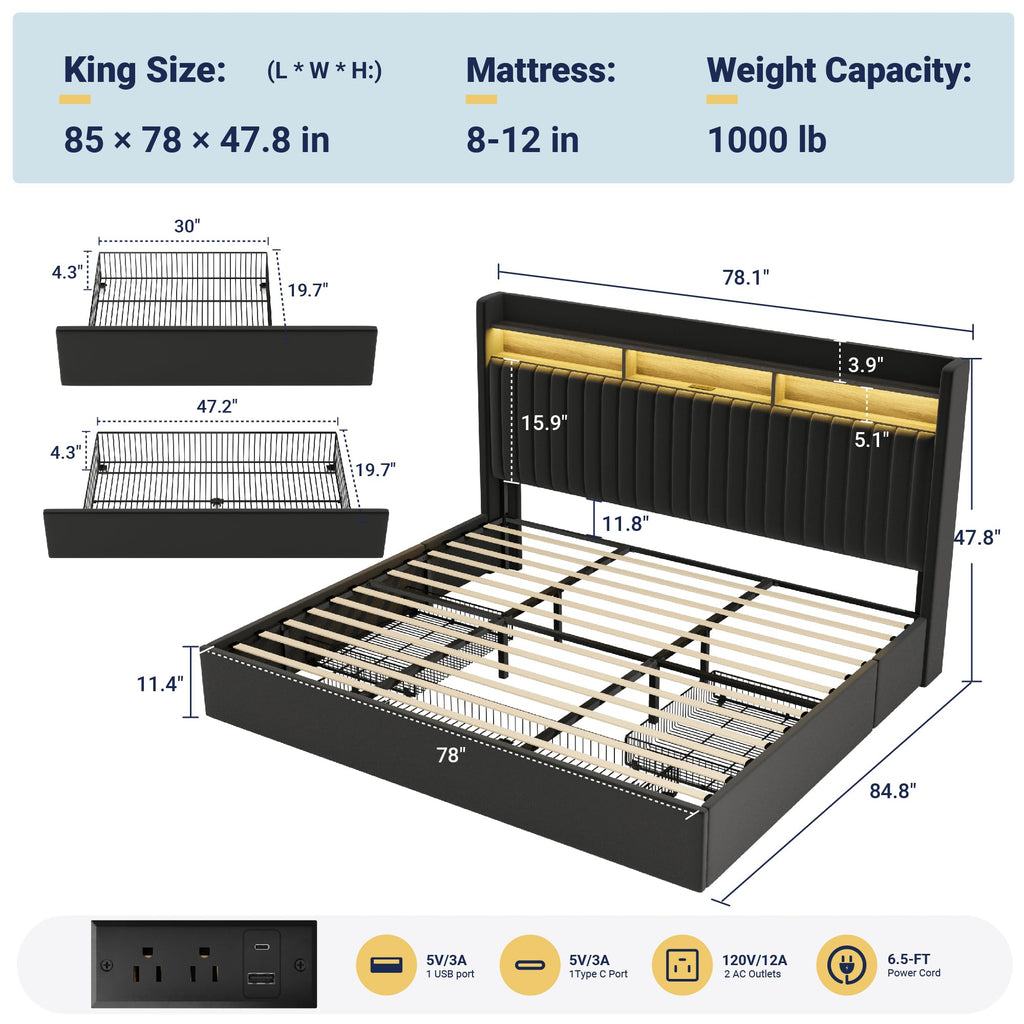 King Upholstered Platform Bed Frame with 3 Spacious Storage Drawers, Built-in LED Lights & Charging Station, Vertical