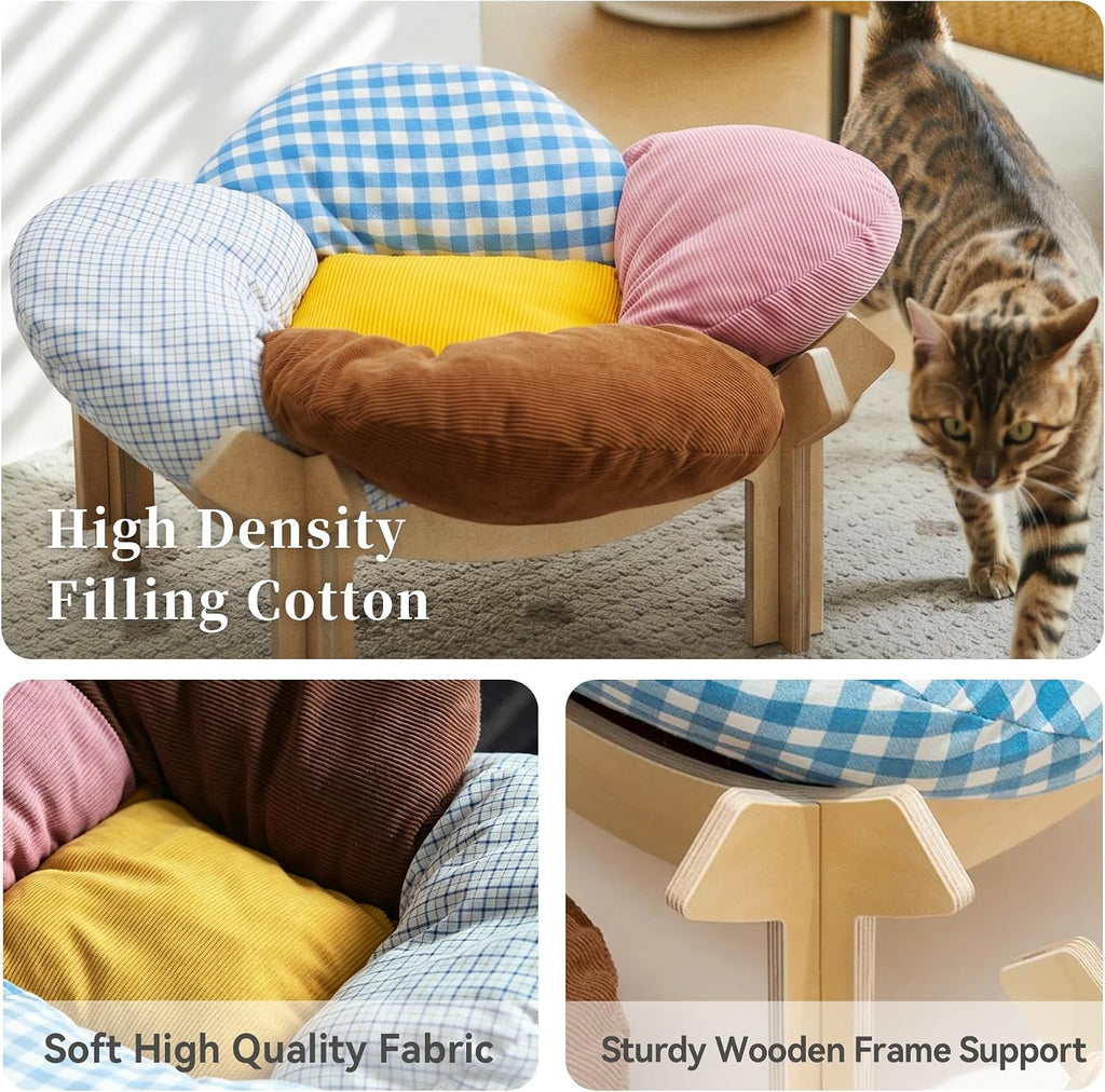 Elevated Cat Bed Wooden, Cat Couch Fluffy, Cat Sofa Flower for Indoor Cats, Raised Cat Bed with Washable Fluffy