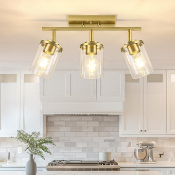 3-Lights Semi Flush Mount Ceiling Light, Brushed Gold Close to Ceiling Light Fixtures, Kitchen Light Fixture with