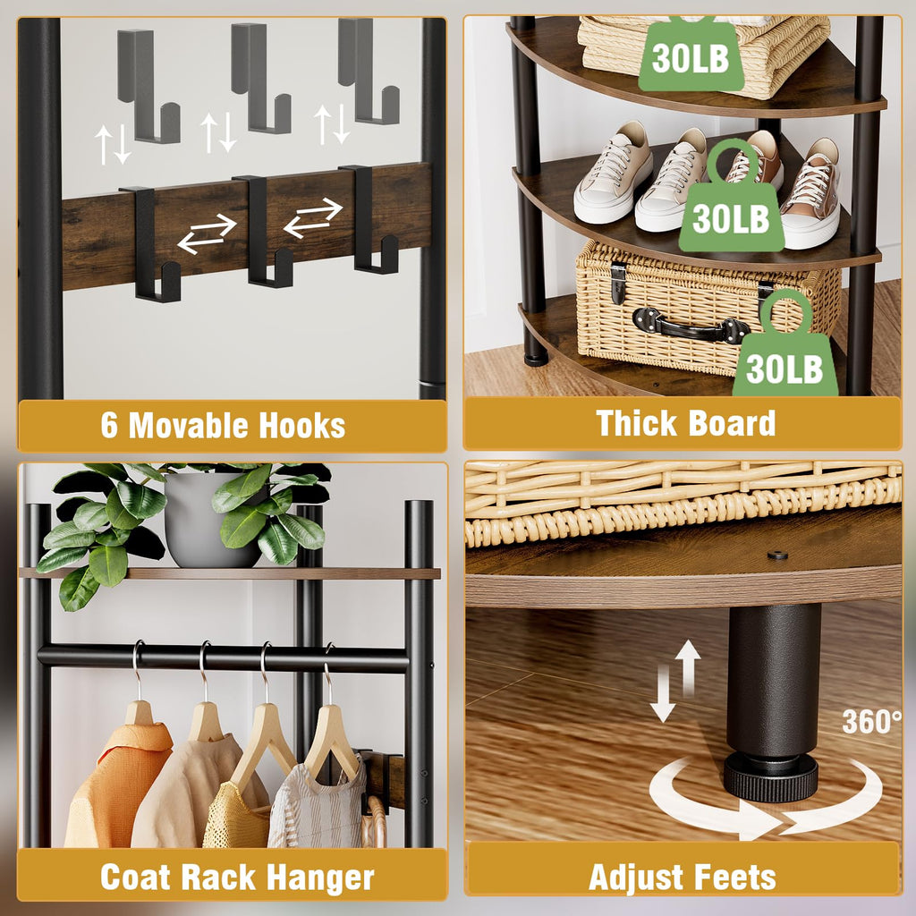 Corner Hall Tree with Shoe Rack Entryway Coat Rack with 6 Metal Movable Hooks Floor Standing Clothes Rack Organizer