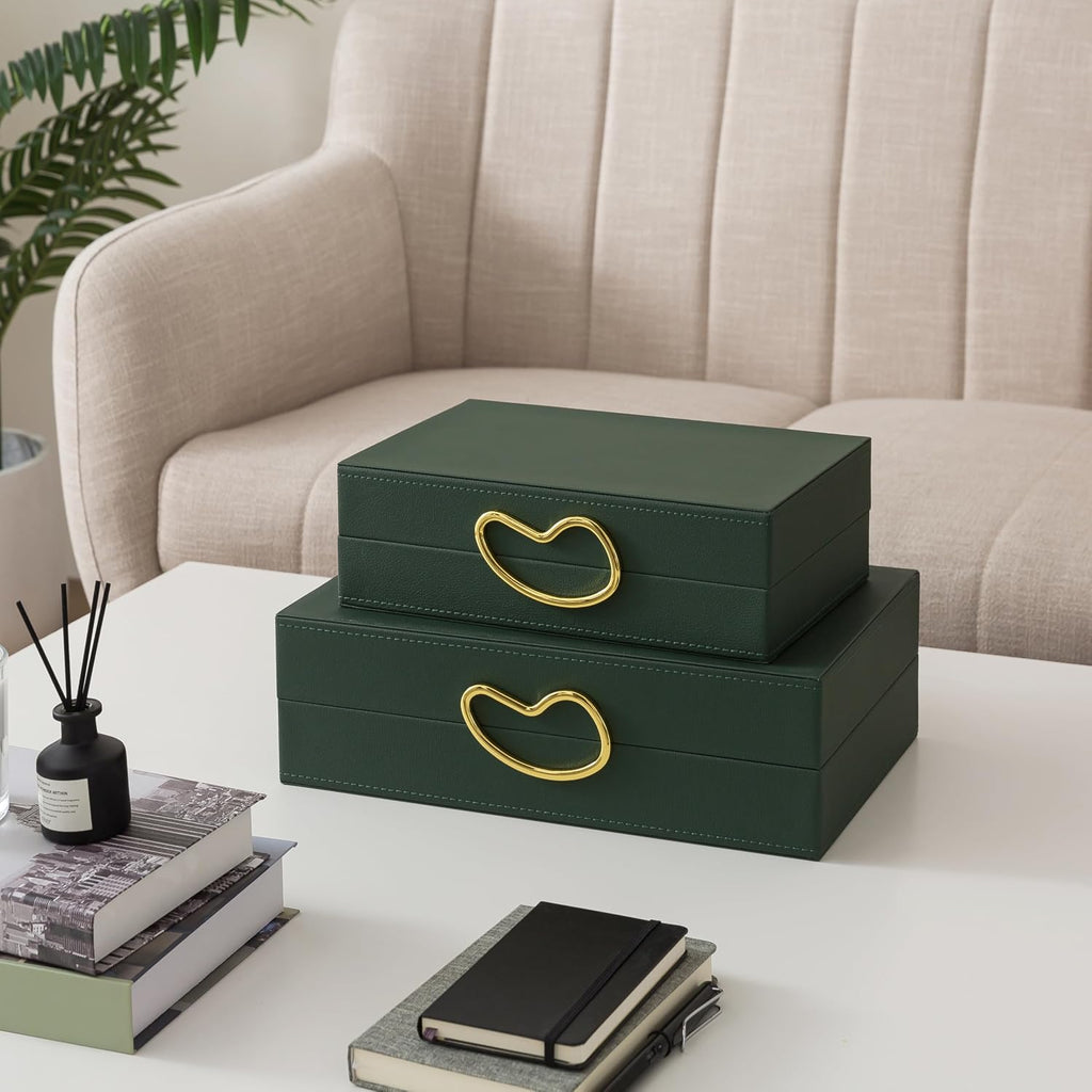 Faux Leather Boxes with Lids, Forest Green - Set of 2