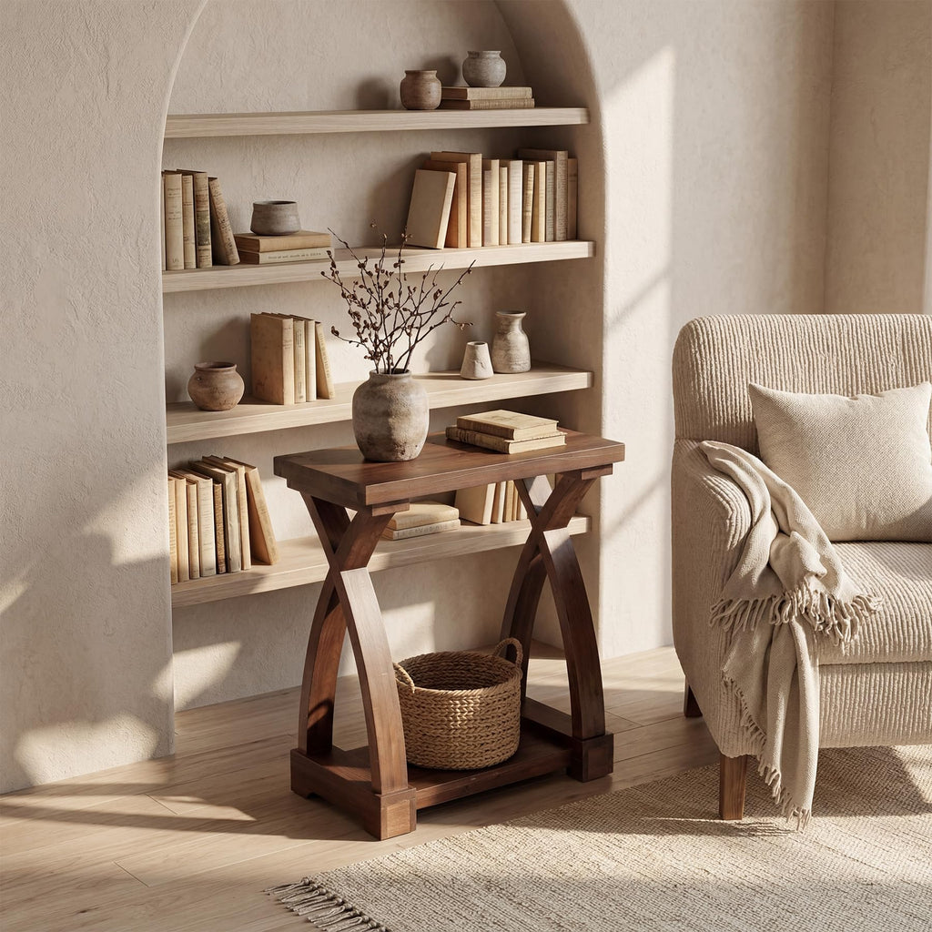 Solid Wood End Table, 2-Tier Small Side Table with Storage Shelf