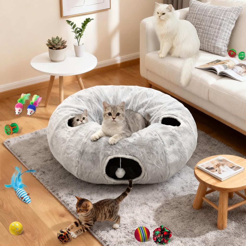 4-Holes Cat Tunnels for Indoor Cats, Plush Donut Cat Bed Tunnel Grey