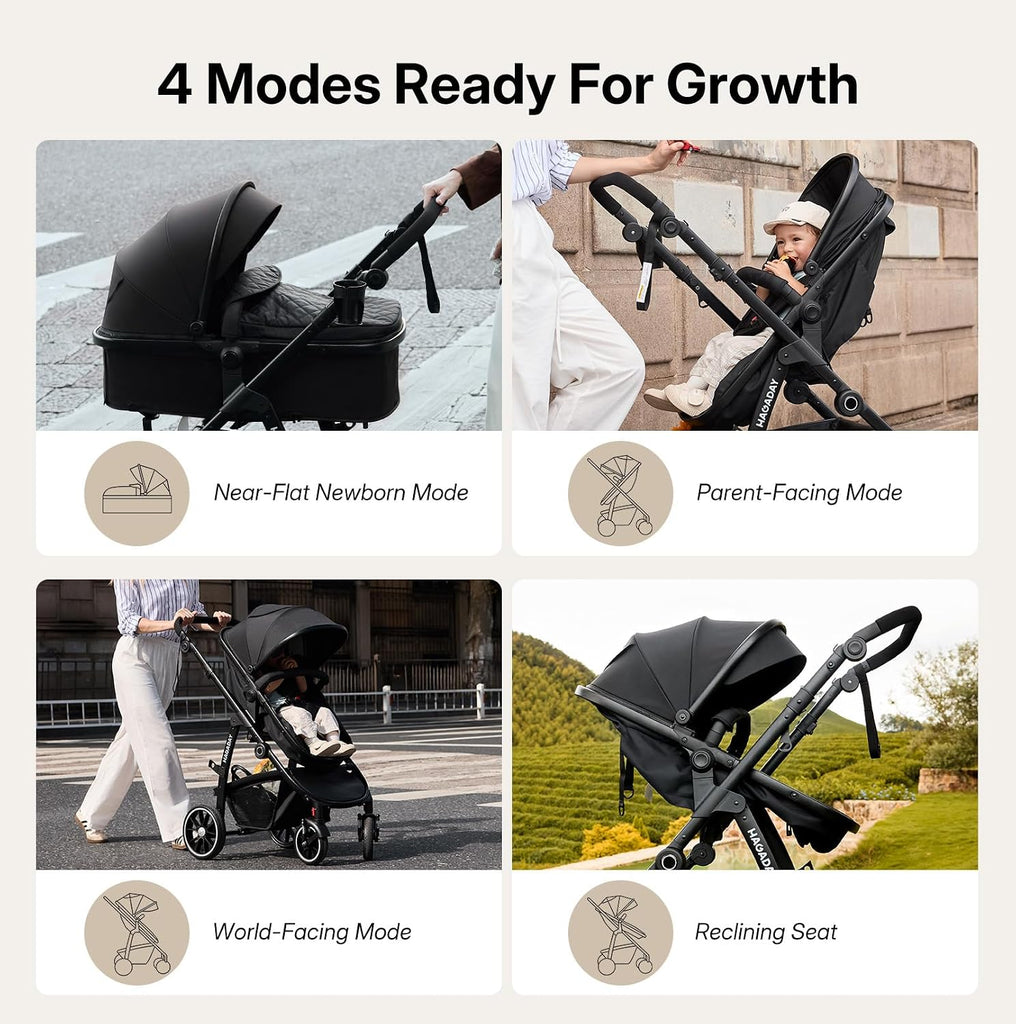 Stroller, in-1 Reversible Toddler Seat with Lie-Flat Mode, Foldable Infant Stroller with Canopy, One Button Brake