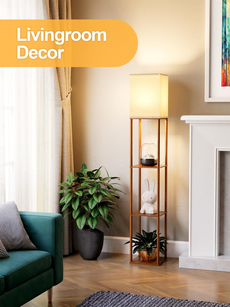 Floor Lamp with Shelves Walnut Brown, Shelf Floor Lamp with 3 CCT LED Bulb, Corner Display Standing Column Lamp
