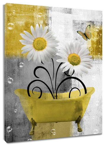Farmhouse Floral Wall Art, Yellow Flower and Butterfly Canvas Wall Art Modern Grey and White Abstract Geometric