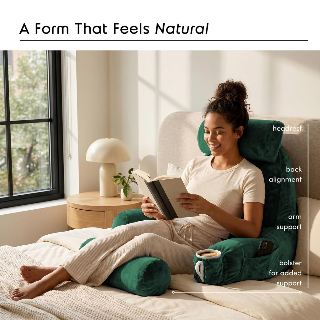 Reading Pillow with Shredded Memory Foam Includes 2 Neck and Lumber Support Pillows, Designed for Sitting Up in Bed