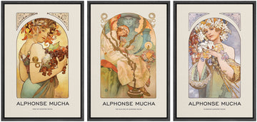 Framed Canvas Print Wall Art Set Alphonse Mucha Art Deco Flower Crown Women Nature People Illustrations Fine Art