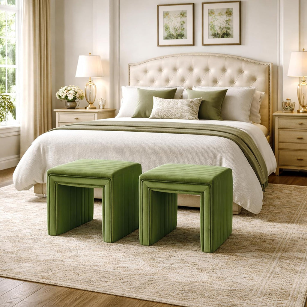 19" Modern Channel Tufted Velvet Ottoman - Green