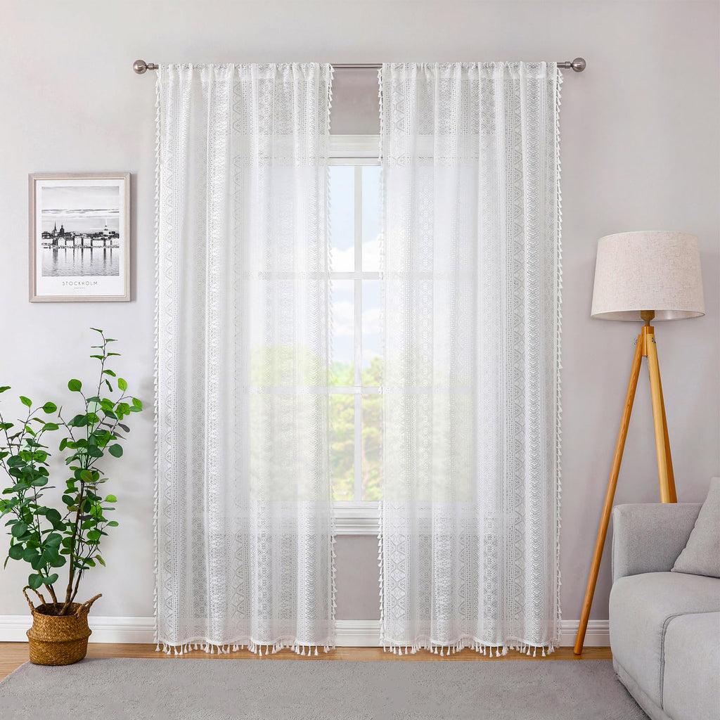 White Boho Sheer Lace Window Curtains with Tassel, 40" Wx72 Lx2