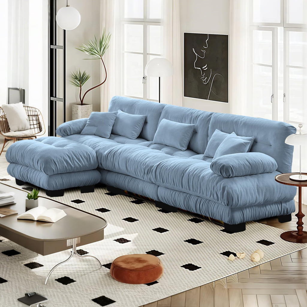 133.8" Modular Sectional Sofa w/1 Ottoman, Sky Blue