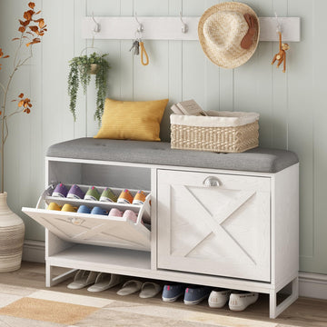 Shoe Cabinet with 2 Flip Drawers & Coat Rack, Shoe Storage Bench with Seat Cushion, 5 Large Sturdy Metal Hooks