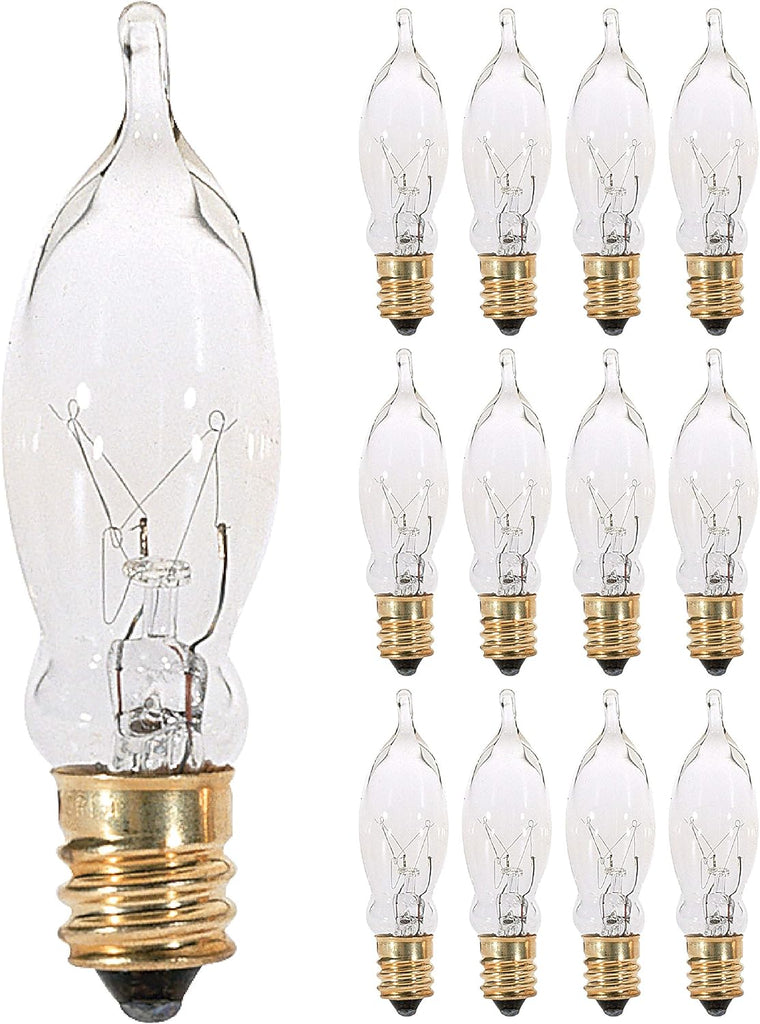 12 Pack) 7.5CFC/15/3 7.5W 120 Volt, Flame Candelabra Tip Chandelier Bulb, Clear CA5 Incandescent, Petite Decorative