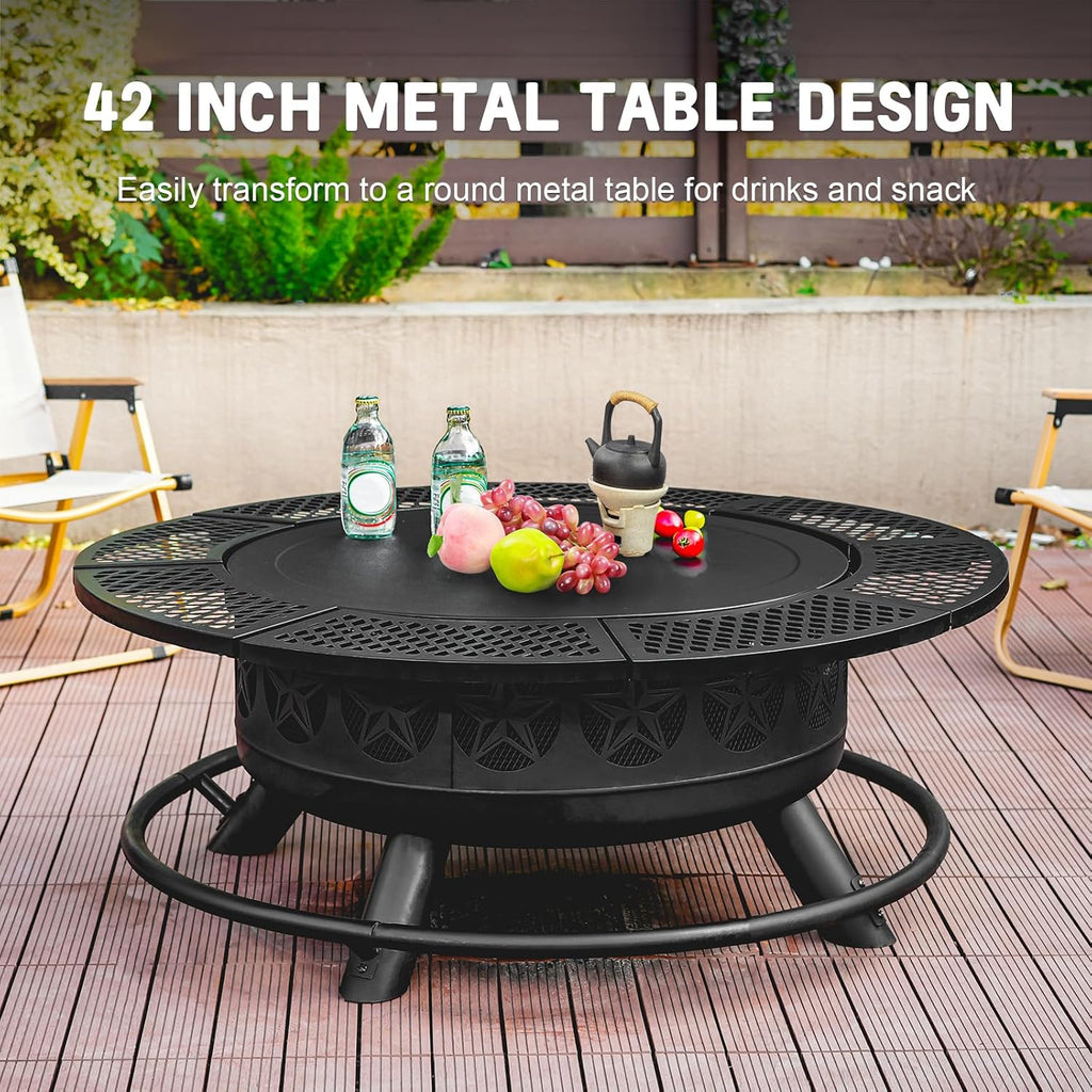 42 Inch BBQ Fire Pit with 2 Grills,3-in-1 Outdoor Round Metal Fire Pit Table with Lid,Fire Poker,Large Outdoor Wood