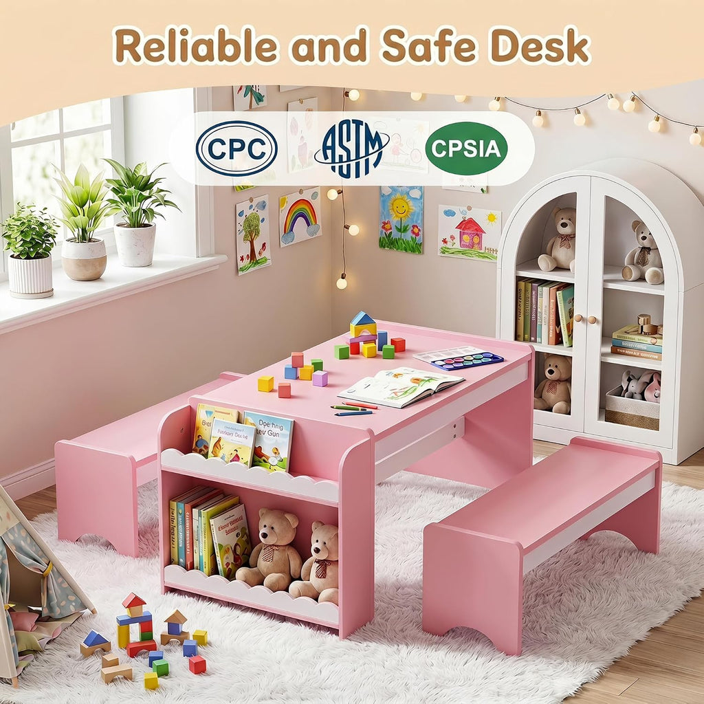 Kids Table and Bench Set, Montessori Kids Table and Chair Set, Indoor Wooden Toddler Activity Table with Bookshelves