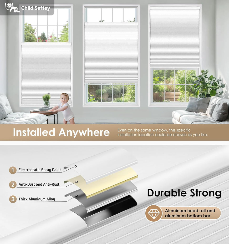 No Drill Cordless Cellular Shades, White | Blackout Fabric Protects Privacy, With Thermal Insulation & Noise
