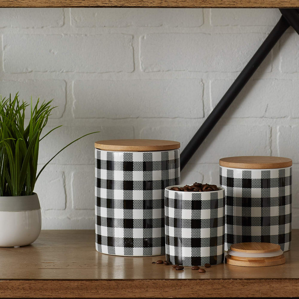 Ceramic Canister Sets for the Kitchen Food Safe Storage Containers with Lids, Large, Medium & Small, Buffalo Check