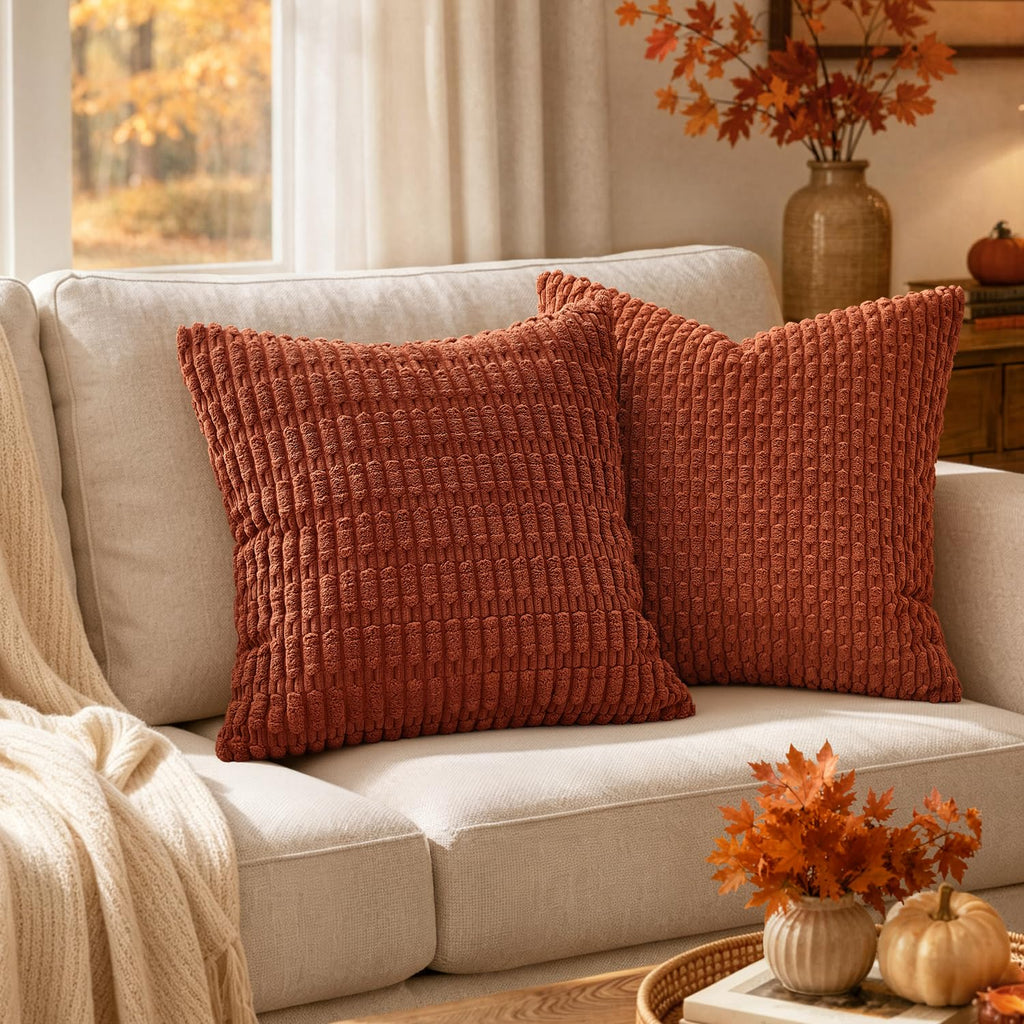 Fall Corduroy Decorative Throw Pillow Covers 16x16 Rust Pack of 2