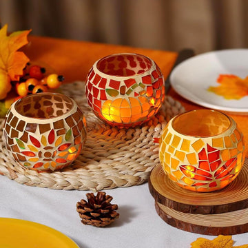 Fall Candle Holder Set of 3 Mosaic Maple Leave Sunflower Tealight Holder Pumpkin Glass Thanksgiving Votive Candle