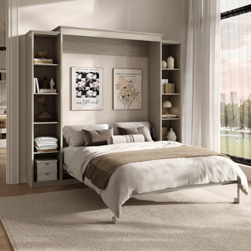 Queen Murphy Bed Cabinet with 5-Tier Shelves, Wood Wall Bed, Grey