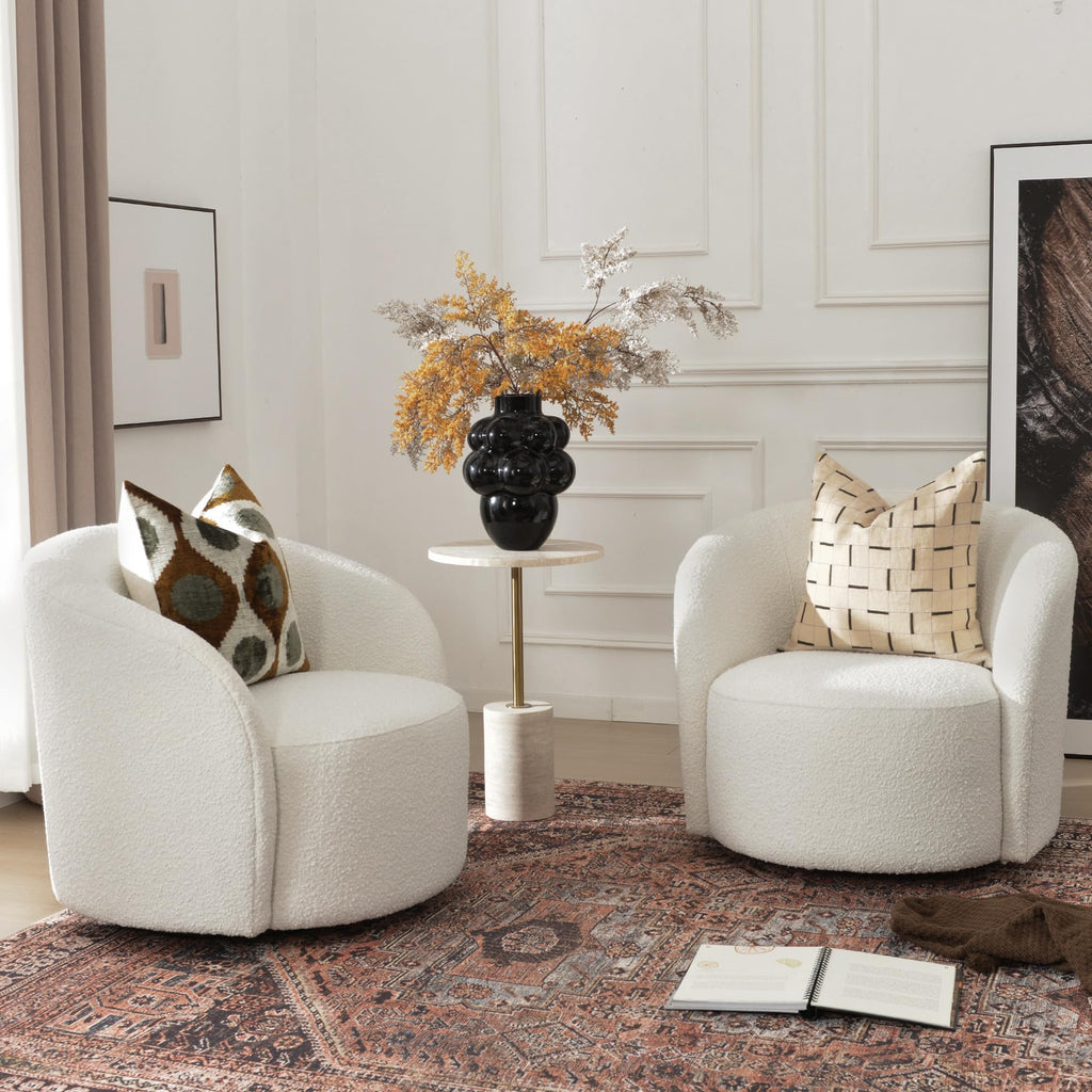 34" W No Assembly Boucle Swivel Barrel Chairs Set of 2, Cream