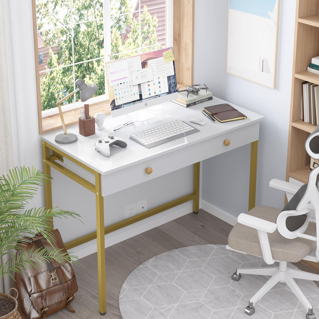 Computer Desk with Drawers, Home Office Workstation, White Gold