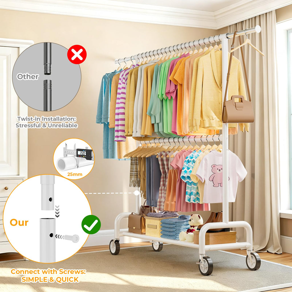 Heavy Duty Clothes Rack Load 860LBS, Double Rods Rolling Clothing Racks for Hanging Clothes, Rolling Garment Rack