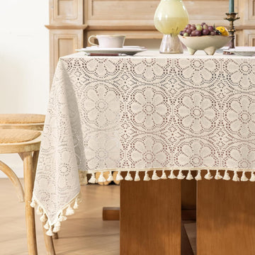 Boho Crochet Tablecloth Rectangle 60 x 84 Inch Beige Farmhouse Handmade Embroidered Cotton Lace Tabl