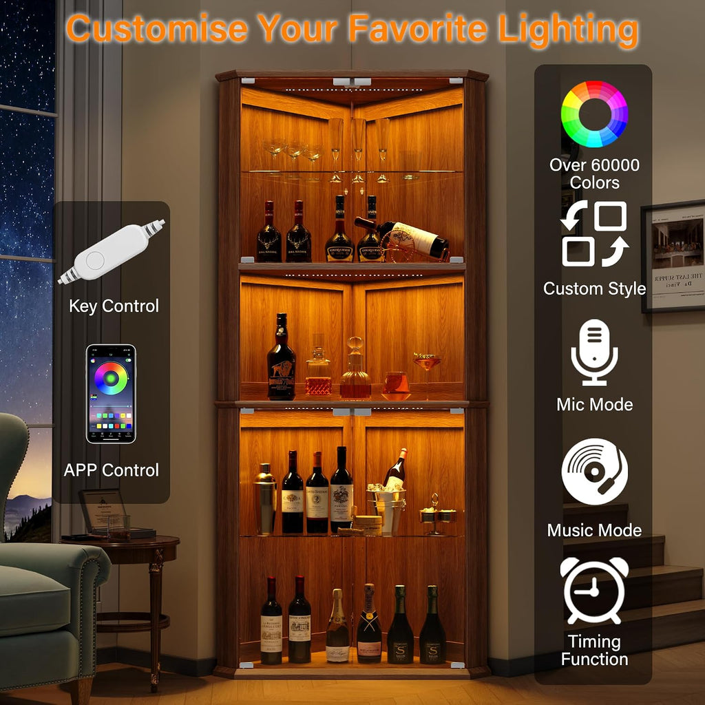 72" Corner Curio Cabinet with RGB LED Lights, 6-Tier Glass Display Cabinet with Adjustable Shelves, Lighted Corner