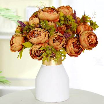 Bunches Artificial Silk Peony Vintage Flower Bouquet for Party Home Table Centerpieces Wedding Decoration (Coffee) - Set of 2