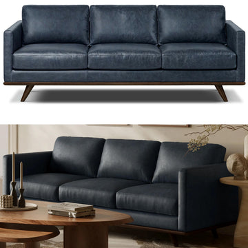 Nolita 85" Leather Sofa - Full-Grain Italian Aniline Leather, Feather-Down Comfort, Solid Wood Base - Nightfall Blue
