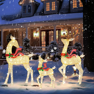 62" Reindeer Christmas Decor Outdoor, 3-Piece Lighted Reindeer Family-Gold