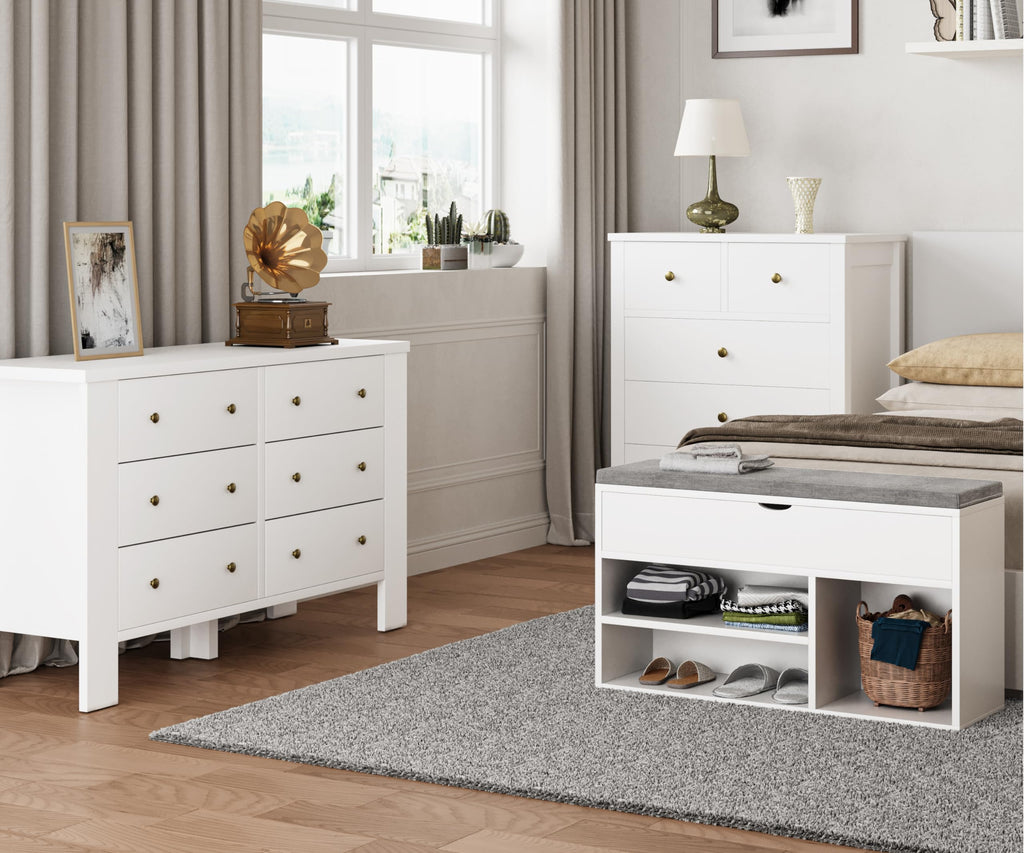 Shoe Storage Bench with Cushion, Entryway Bench with Lift-Top Storage Box and 2 Tiers Open Shoe Rack, Wooden Shoe