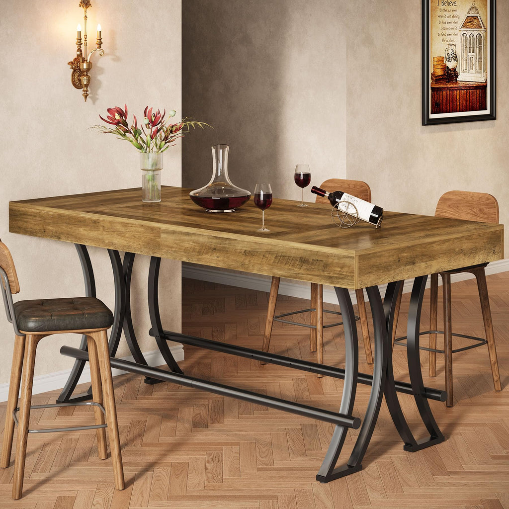 63" Counter Height Bar Table with Metal Footrest, Rectangular Tall Kitchen Dining Pub Table, Industrial Home Bar Unit