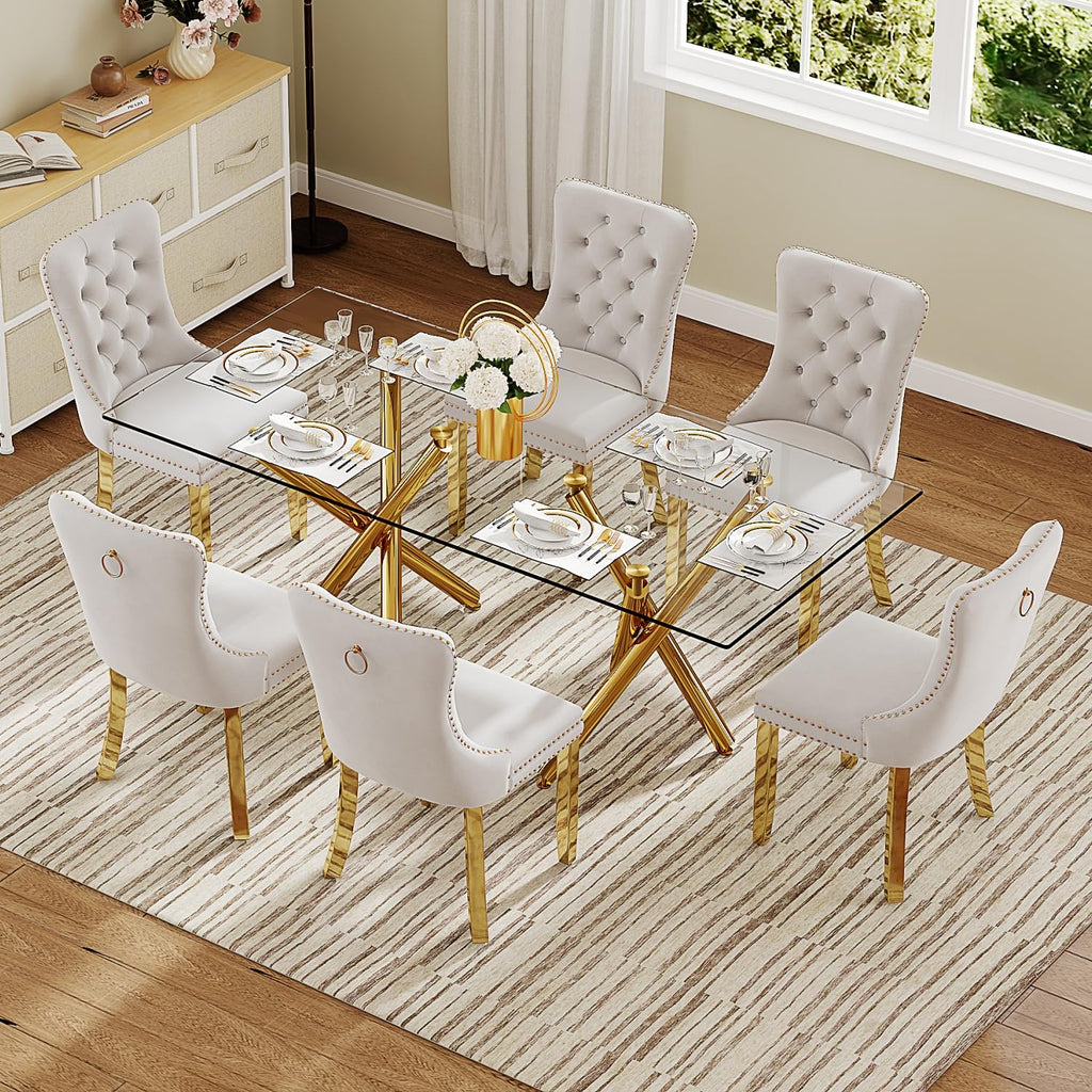 71" Glass Dining Table for 6, Gold Dining Table with Glass Top