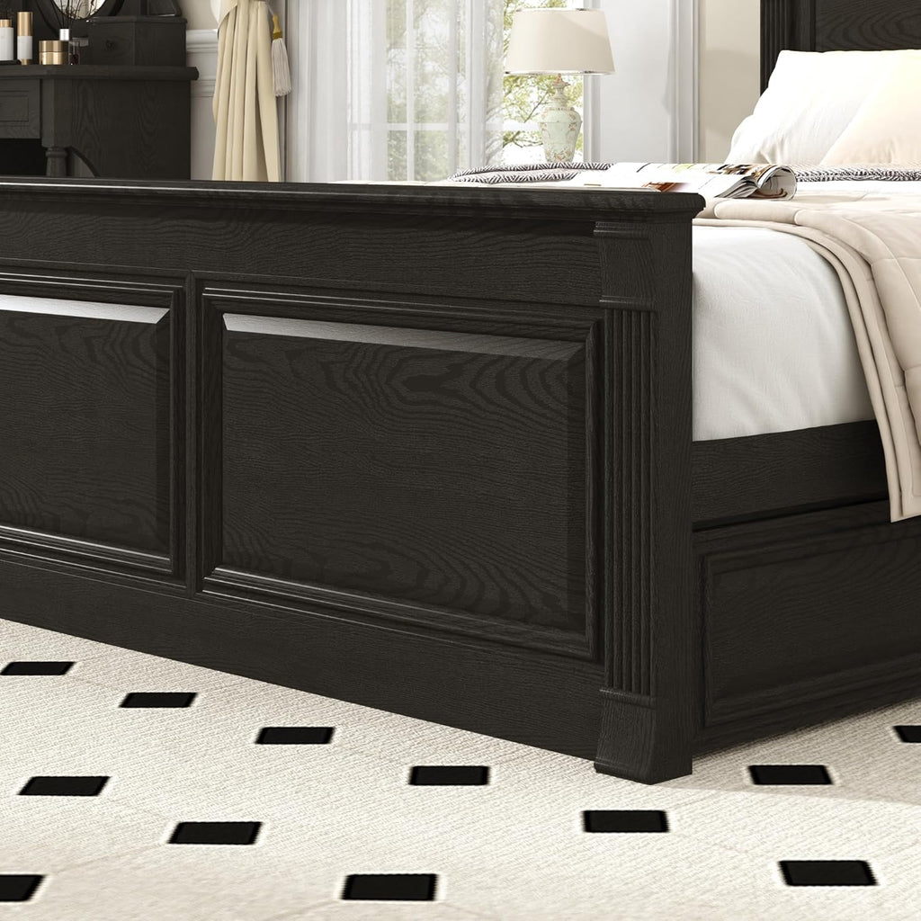 Farmhouse Queen Bed Frame with 55" Tall Storage Headboard & 4 Drawers, Wood Roman Column Platform Bed Frame with 24"