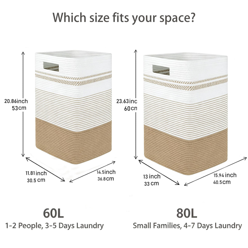 Rectangular Cotton Rope Laundry Hamper 60L Foldable Basket