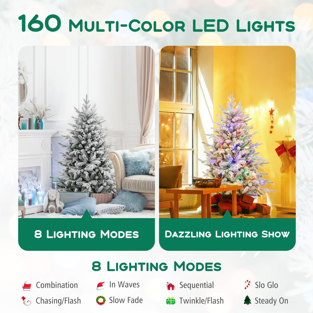 4.5 FT Pre-Lit Flocked Christmas Tree, Hinged Artificial Xmas Tree with 8 Lighting Modes, 160 Multi-Color LED Lights