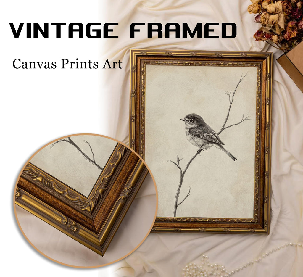 Vintage Gold Framed Bird Wall Art, Rustic Farmhouse animal poster